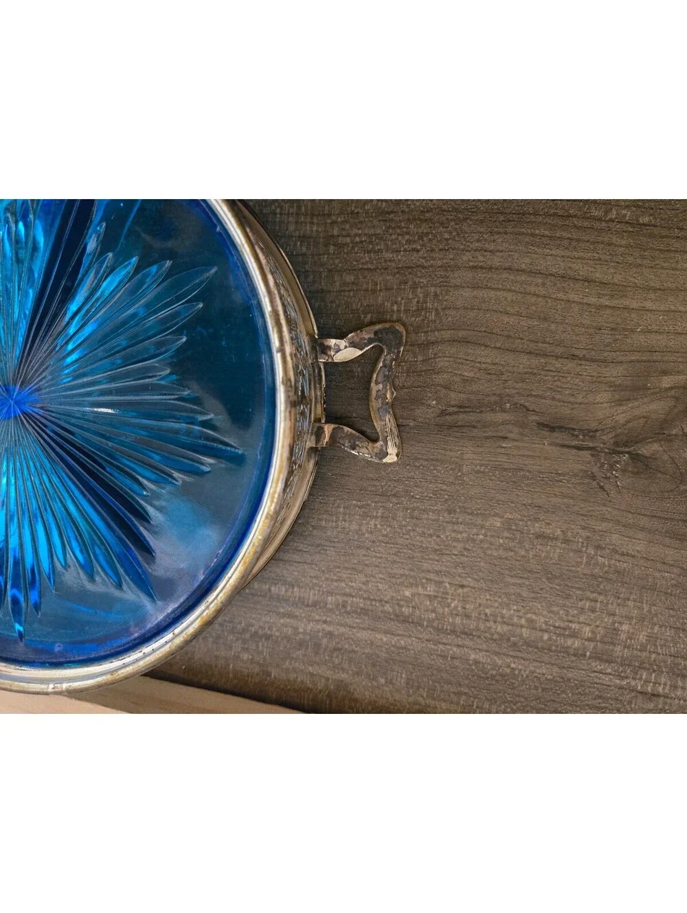 Vintage Blue Glass Divided Serving Dish with Silver Metal Pl